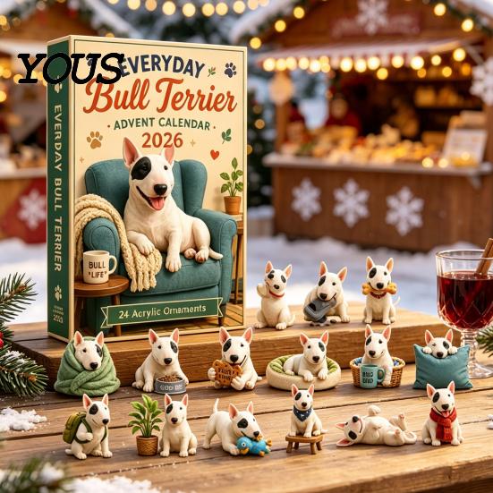 Holiday Countdown Calendar Everyday Bull Terrier Advent 2026, 24 Day Christmas with Winter Activity Acrylic Ornaments, Decorative Collectible for Dog