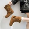 Fashion Fashionable Pleated Boots - Women's 2025 New Winter Belted Flat Nude Boots - Large Size Retro Round Toe Slimming Short Boots