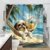 1Pc Shih Tzu Dog Shower Curtain - White & Brown, Hammock On Tropical Beach, Palm Trees & Ocean, 70.8X70.8", Polyester, Washable