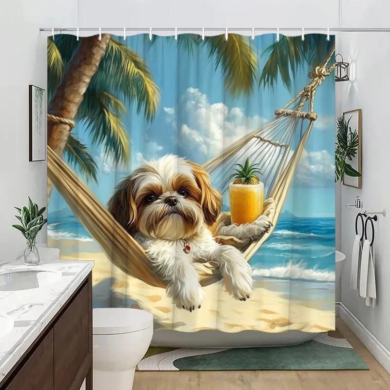 1Pc Shih Tzu Dog Shower Curtain - White & Brown, Hammock On Tropical Beach, Palm Trees & Ocean, 70.8X70.8", Polyester, Washable