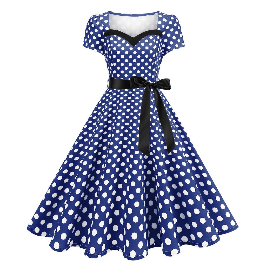 Women's Fashion Casual  Style Evening Dress Short Sleeve Swing Polka Dot Retro Dress