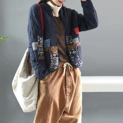 Cappotto Corto Vintage da Donna a Manica Lunga Monopetto Patchwork Giubbotti Casual