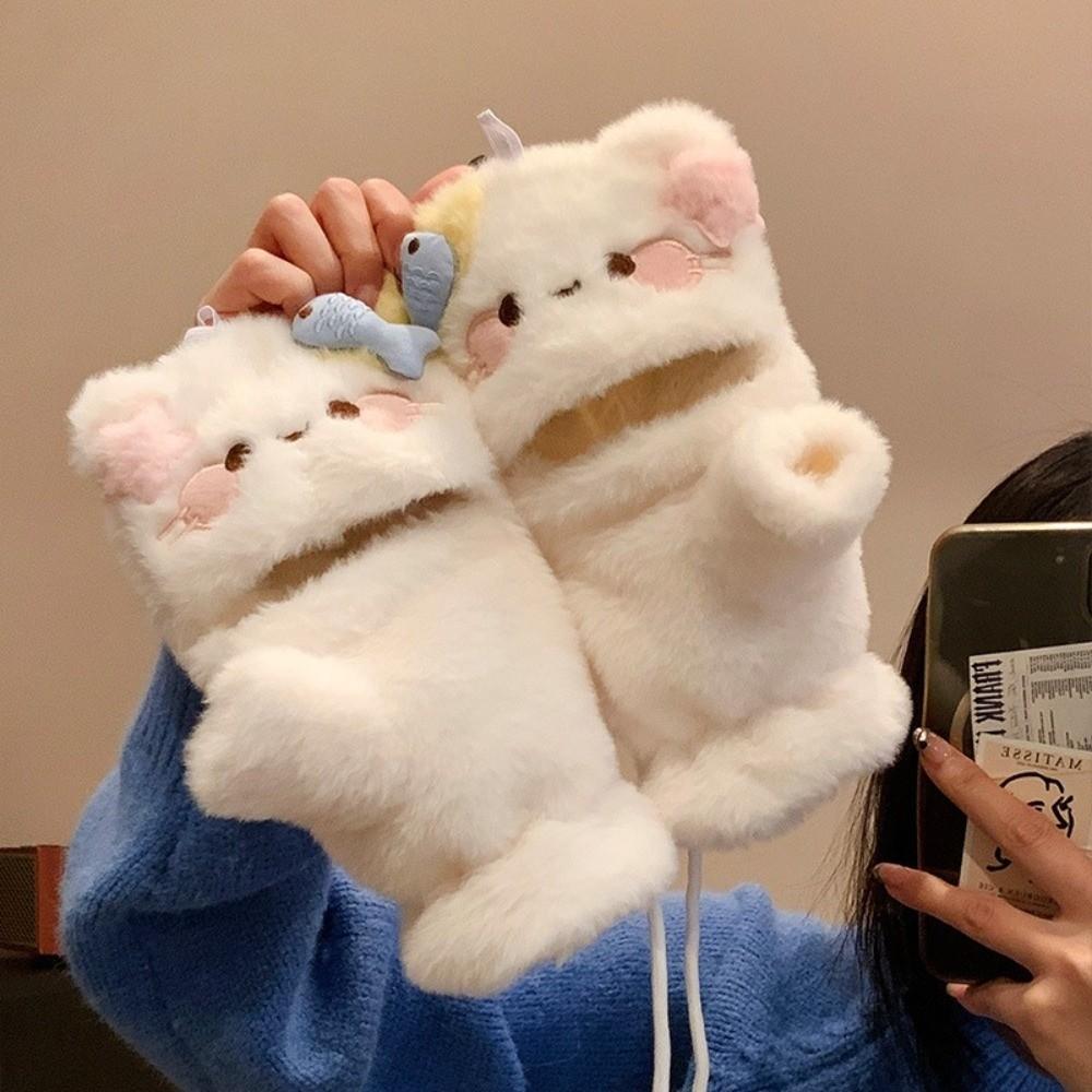 Half Finger Cartoon Cat Gloves One Size Flip Top Gloves Cute Plush Kitty Gloves For Women