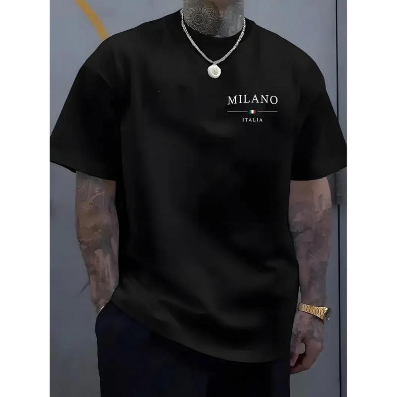Men's Simple MILANO Print Crew Neck Short Sleeve T-Shirt, Minimalist Fashionable Comfort Breathability Casual Sport Tee