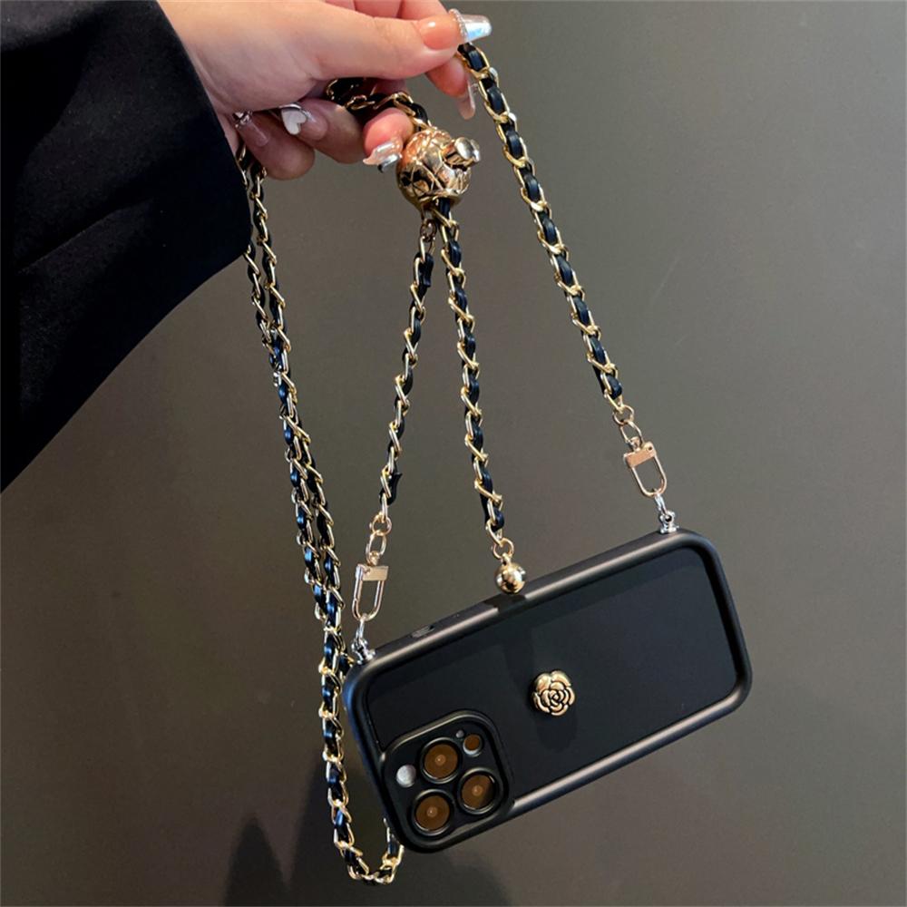 3D Camellia Pearl Chain Crossbody Lanyard Soft Case For iPhone 15 14 Pro Max 12 13 11 XS XR 7 8 Plus Shockproof Back Cover