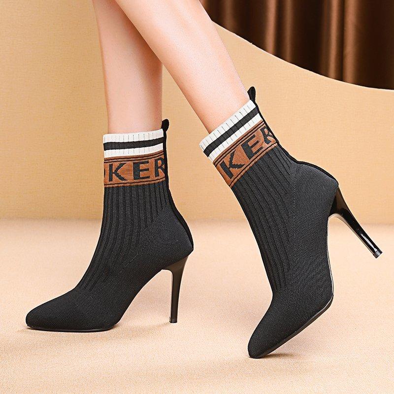 Fashion Autumn Winter Women Fly Knit Sock Boots Large Size High Heels Shoes Women Fashion Ankle Boots Pointed Toe Elastic Short Booties