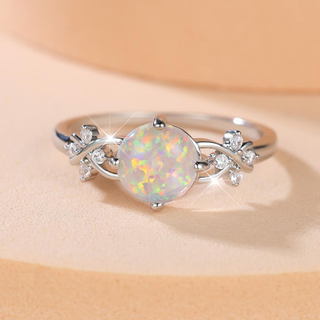 Vintage Pattern Opal Ring Round Opal Four-Prong Diamond-Set White Gold Women's Ring
