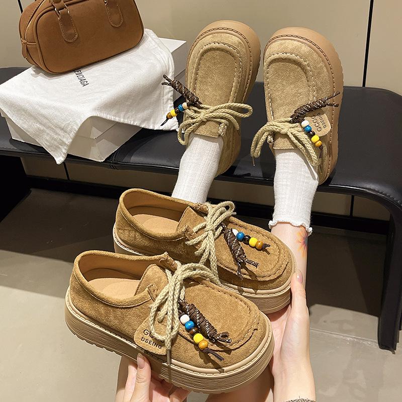 Retro fringed beaded loafers women's autumn 2025 new suede comfortable soft muffin sole casual shoes