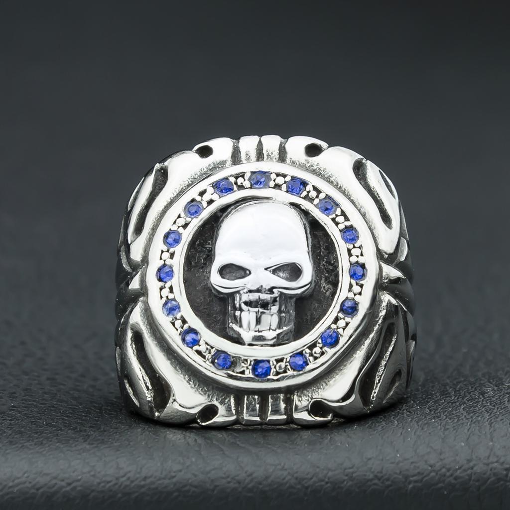 Skull Blue Gemstone Men's Ring Ring European and American Punk Style