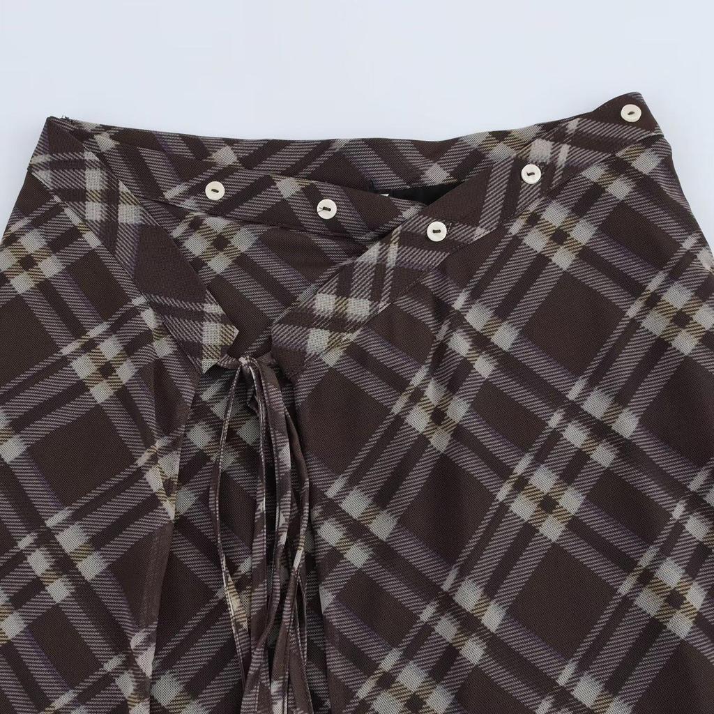 2025 Spring Women's Slim Plaid Silk Sarong Skirt with Button Details