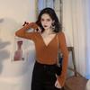 Otoño Invierno mujer cuello en V Color sólido manga larga plisado parte inferior de punto suéter elegante