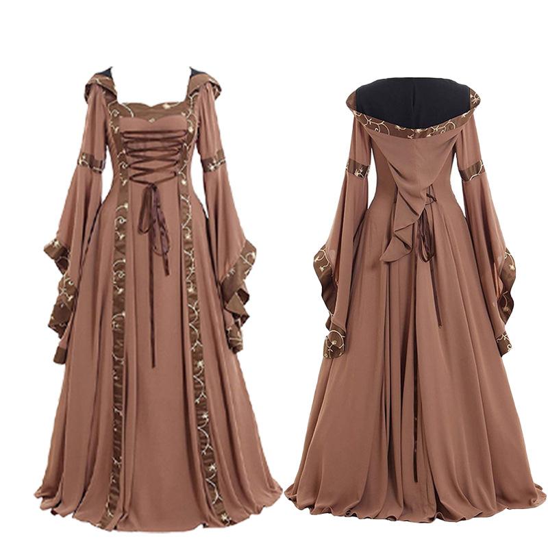 Women's Medieval Vintage Court Style Hooded Dress Square Neck Flared Sleeve Big Swing Dress