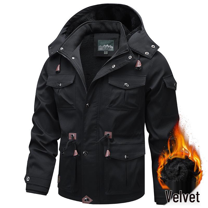 2026 Autumn/Winter Men s Hooded Thick Workwear Jacket, Plus Size, Velvet-Lined, Mid-Length Cotton. L