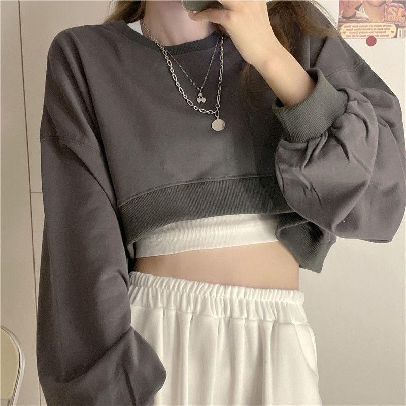 High Waist Short Sweatshirt Women's Loose Long Sleeve T-shirt Top