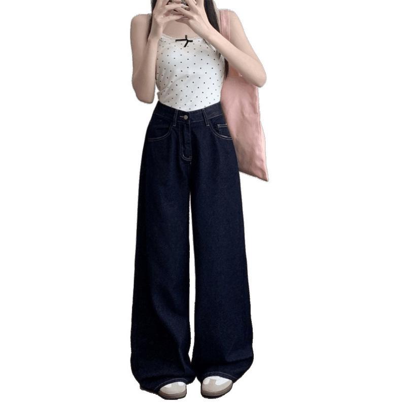 Hong Kong Retro Dark Blue High-Waisted Wide-Leg Jeans for Women - Summer Floor-Length Slimming Style