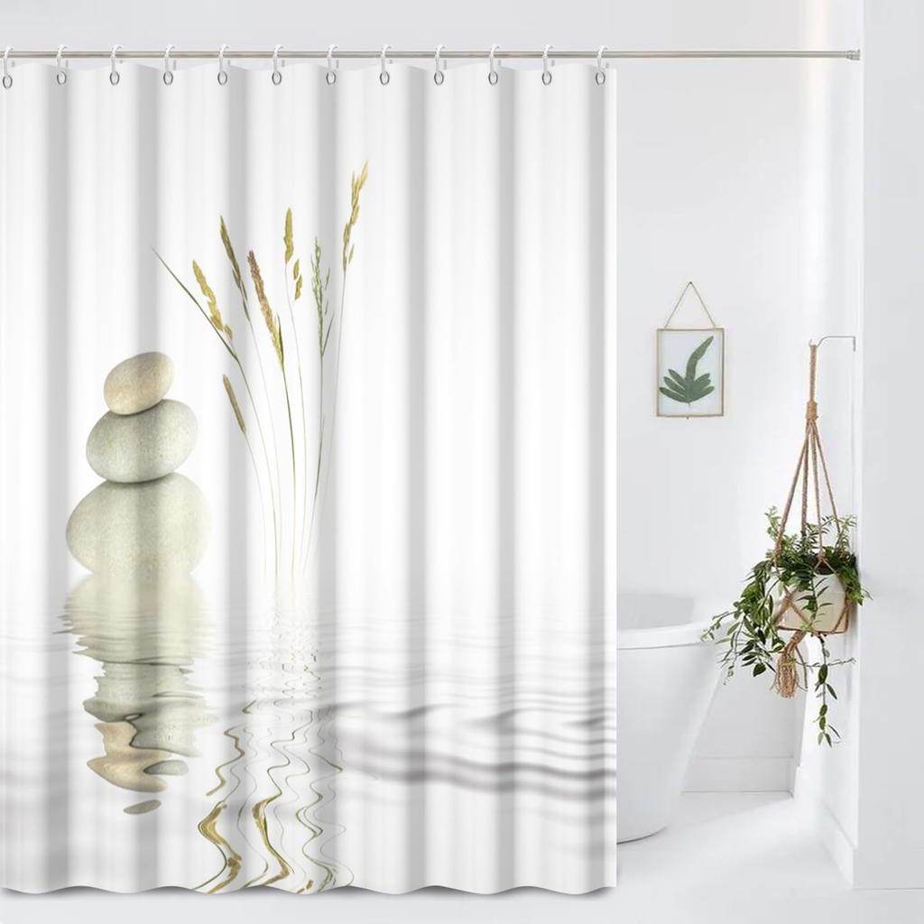 Neformální sprchový závěs Zen Spa Vyvážený kámen Divoká tráva Odraz ve vodě Meditační zátiší Umělecký design Koupelnový závěs