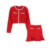 New French-Inspired Red Knit Cardigan & Diamond-Embellished Skirt Set for Women