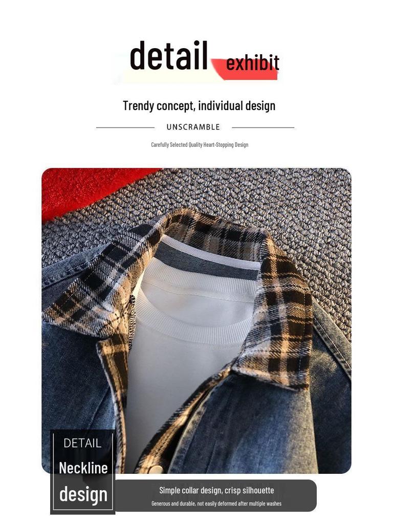 Pánská trendy kostkovaná patchworková džínová bunda 2025 - Falešný dvoudílný vlněný kabát na jaro a podzim