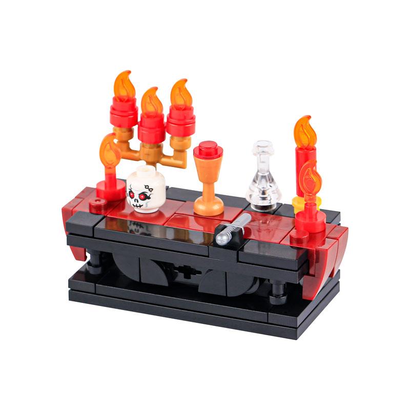 MOC Steine Mittelalter Alchemie Raum Küche Zauberer Trank Bausteine Teufelsquelle Schloss Straßenlaterne Hexen Figuren Szene Schädel