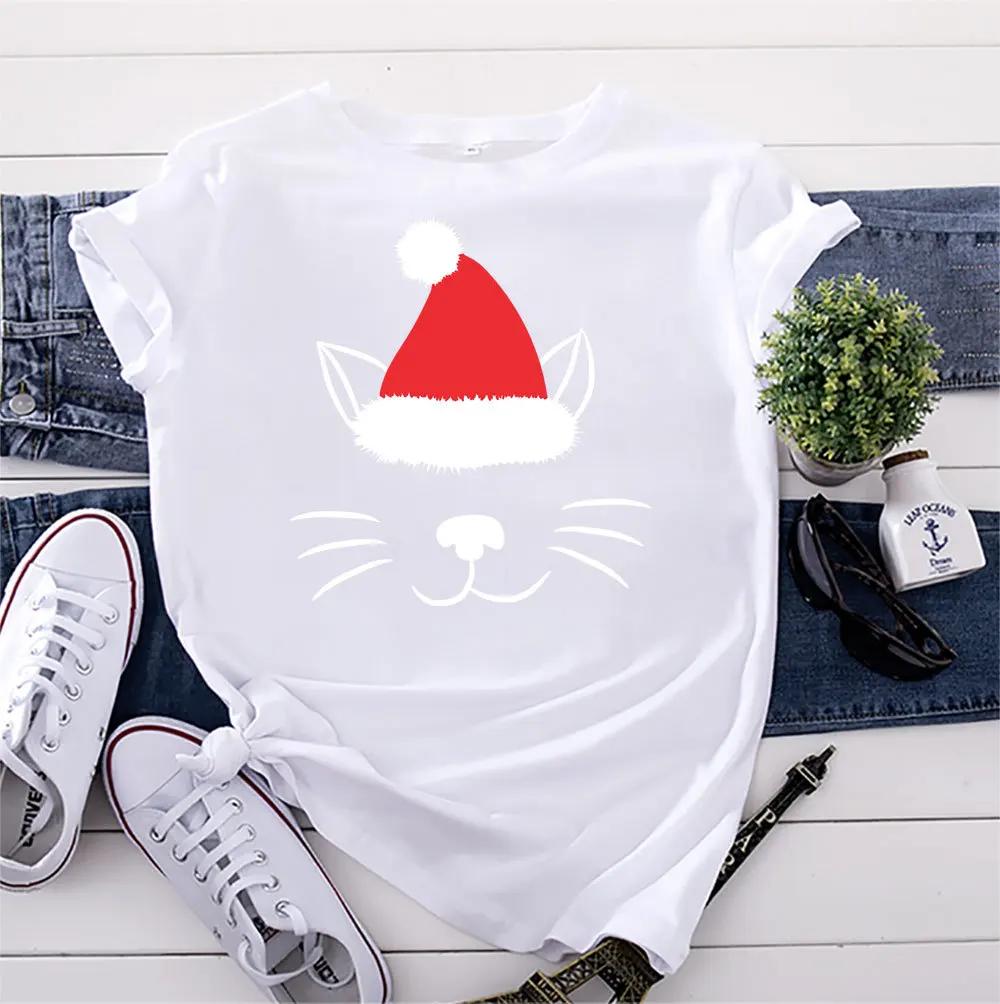 Christmas Hat Cat Face Print T Shirt Women Short Sleeve O Neck Loose Tshirt Women Tee Shirt Tops Camisetas Mujer