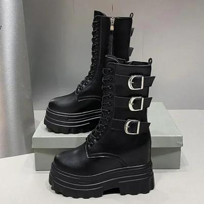 Ankle Boots for Women Short Boot Round Toe High Platform Motorcycle Boots Thick Heel Sneakers Shoe Increase 12CM Boots Shoes