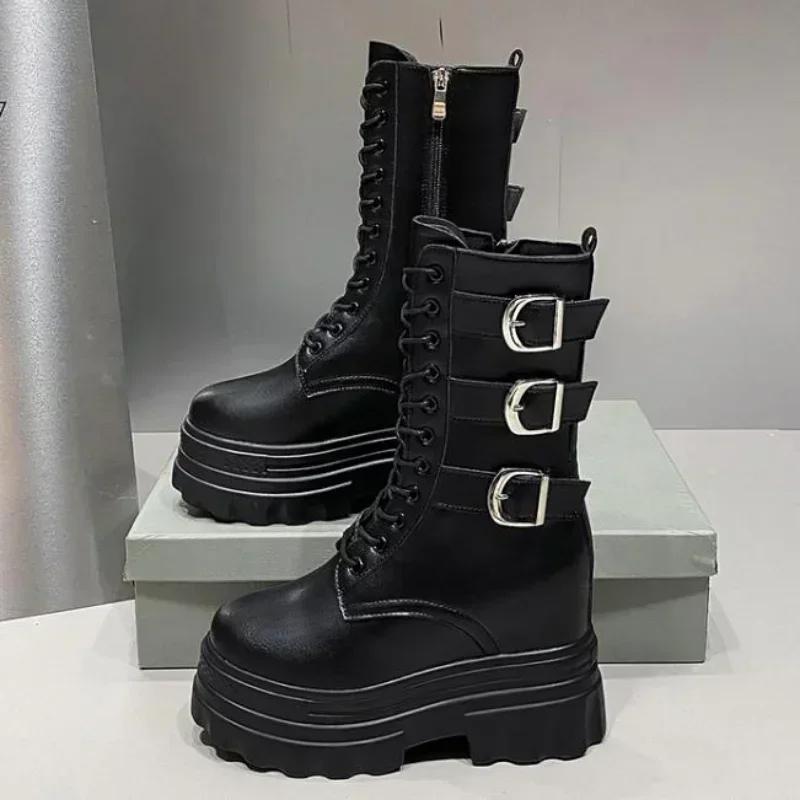 Ankle Boots for Women Short Boot Round Toe High Platform Motorcycle Boots Thick Heel Sneakers Shoe Increase 12CM Boots Shoes