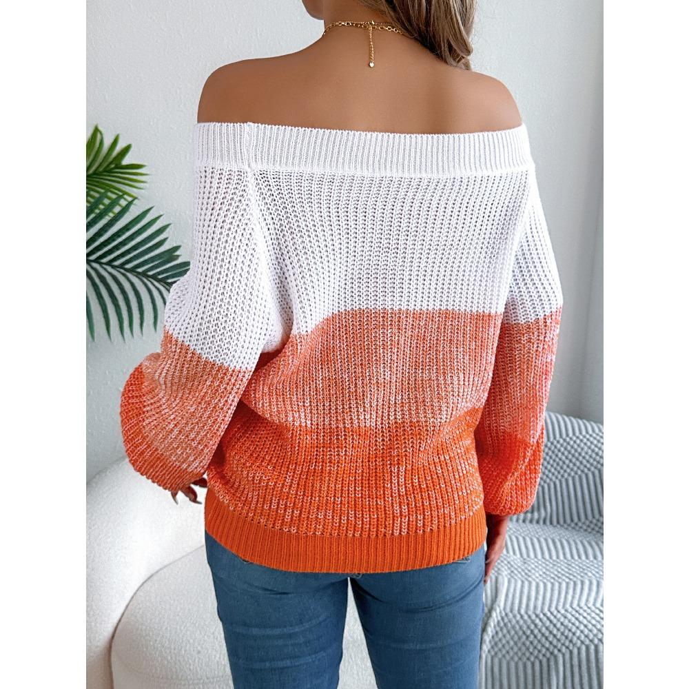 New Arrival Women's Oversized Casual Colour-Block Off-the-Shoulder Bell-Sleeve Pullover Knit Top