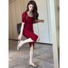 Korean Version of Temperament Square Neck Dress Summer New Design Bubble Sleeve Medium and Long Split Hip Skirt