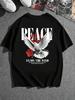 Men StreetStyle Retro Red Rose and Peace English Graphic Pattern Black Knitted Loose Vintage Short Sleeve TShirt Suitable