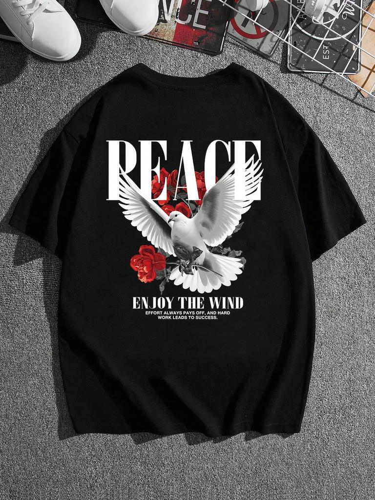 Men StreetStyle Retro Red Rose and Peace English Graphic Pattern Black Knitted Loose Vintage Short Sleeve TShirt Suitable