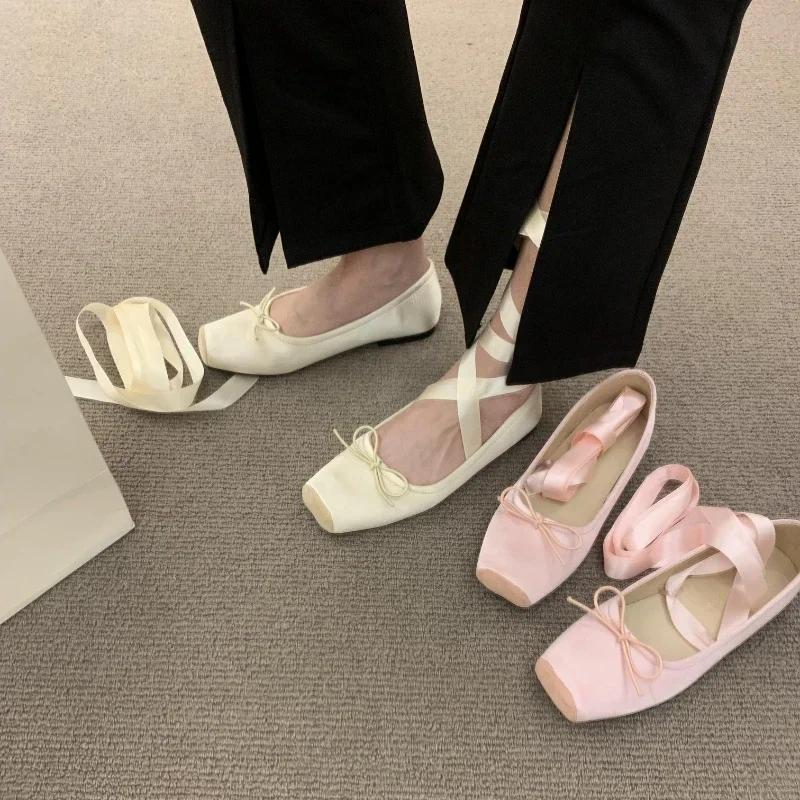 New Women Bow Tie Cross Ballet Flats Shallow Female Sweet Dancing Mary Jane Square Toe Ladies Single Shoe Party Outside