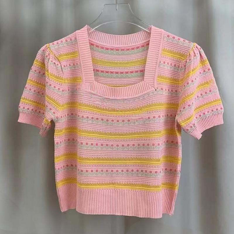 

Модный дизайн Sense Sweet Square Neck Полосатый вязаный свитер Летний свитер с короткими рукавами и завышенной талией Топы для женщин Повседневные облегающие пуловеры Футболки One Size розовый