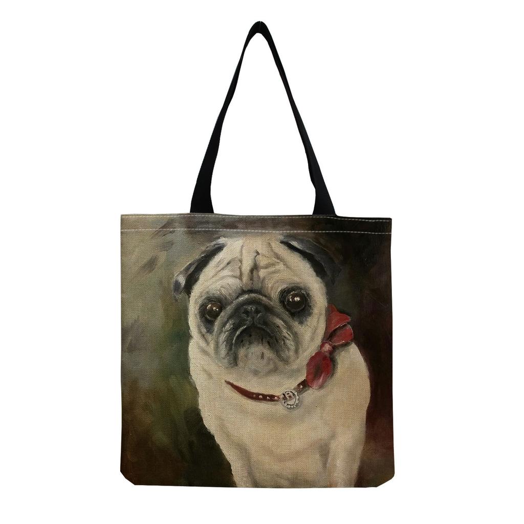 Women Vintage Linen Tote Bag - Large Capacity Dog Print Shoulder Handbag for Casual & Grocery Shopping KTB