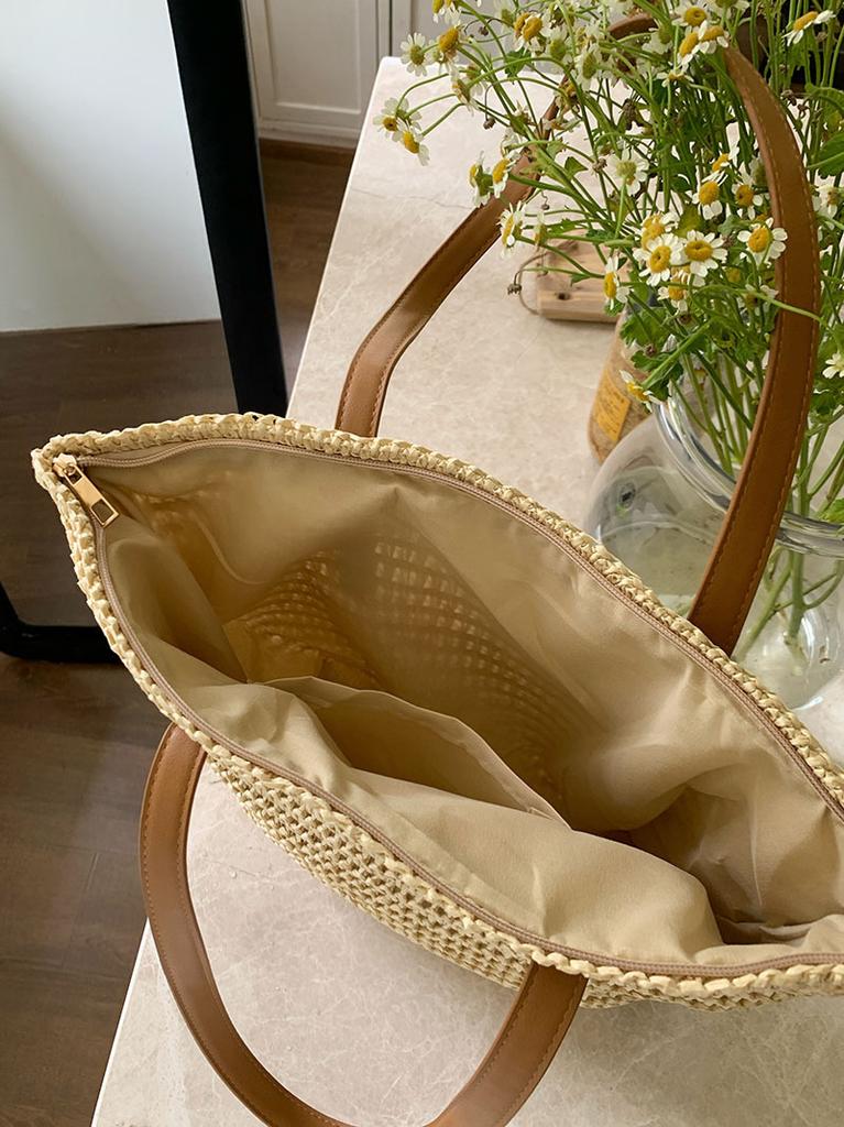 Korean Commuter Large Capacity Straw Woven Shoulder Bag Female Simple Summer Beach Vacation Handmade Basket Bag Travel Tote Bag
