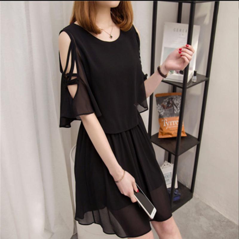 Frauen Frühling Sommer Kurzarm Hohe Taille A-linie Chiffon Kleid