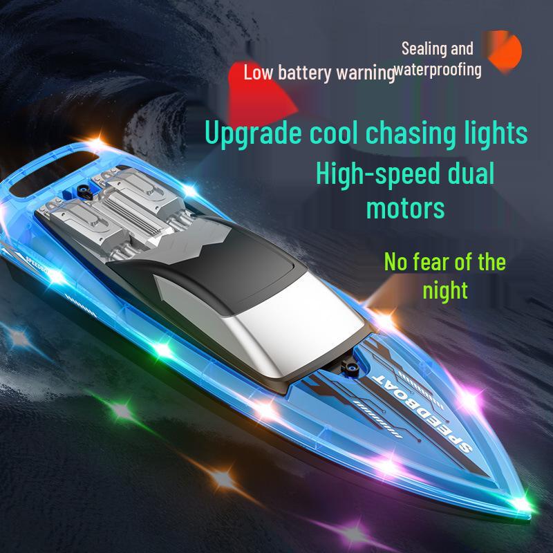 2.4G Vysokorychlostní loď na dálkové ovládání - Dvojitý motor, Vodotěsná, se světly a dvojitou vrtulí Perfektní hračka jachta pro kluky.