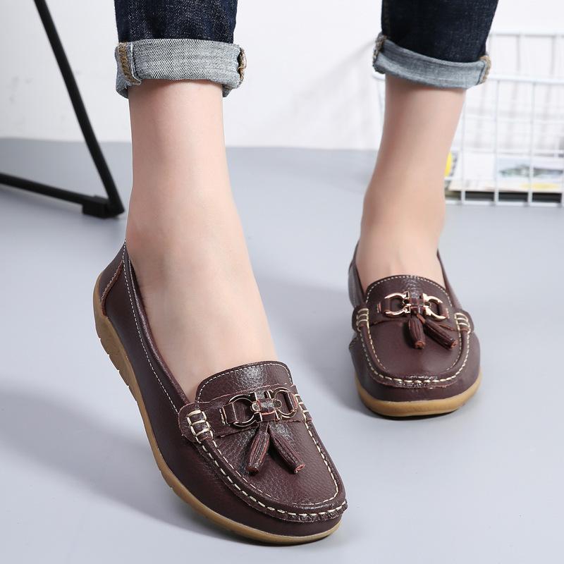Autumn mother shoes single shoes women's flat bottom women's Doudou shoes genuine leather flat heel soft sole leather shoes large size women's shoes