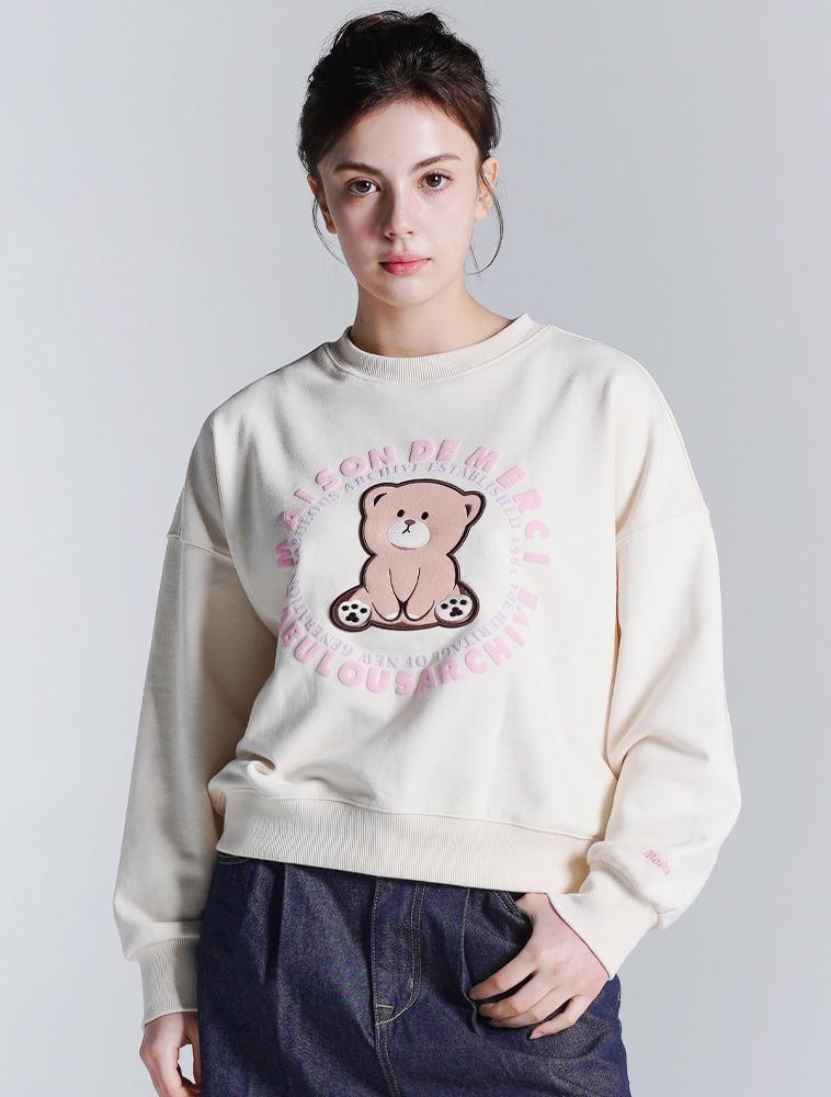 LA MAISON STUDIO Women'S Crop Little Bear Friends 3D Sweatshirt Cream (Fcd1Ts202W)