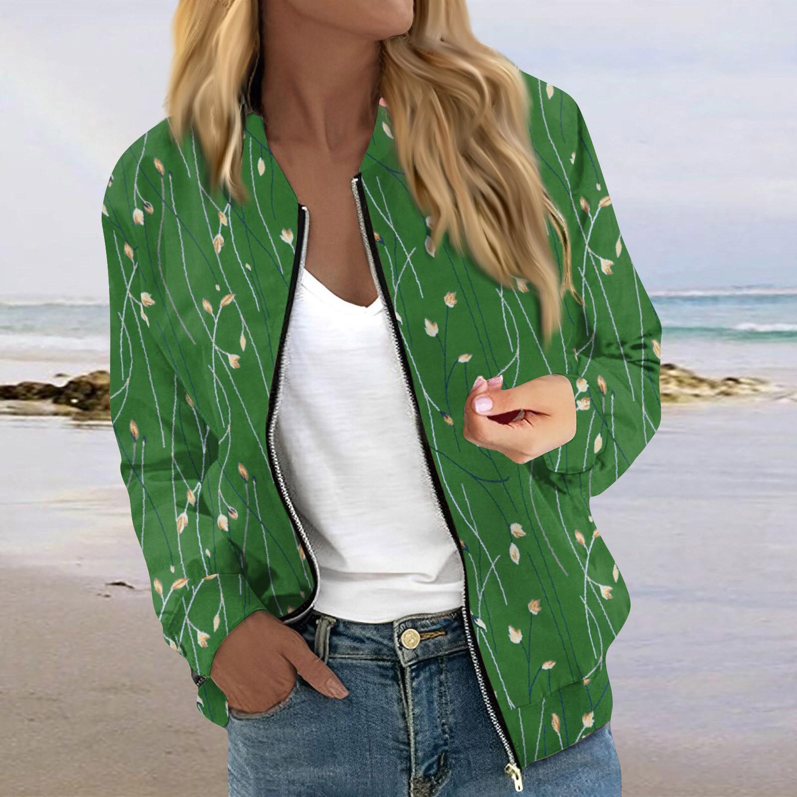 

Куртки для женщин, легкие укороченные куртки с длинным рукавом на молнии, модная верхняя одежда с принтом, повседневные стеганые куртки с карманами XL зелёный