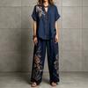 Women Floral Print Two Piece Outfit Short Sleeve Button Up Top Wide Leg Pants Casual Loose Fit Loungewear Set
