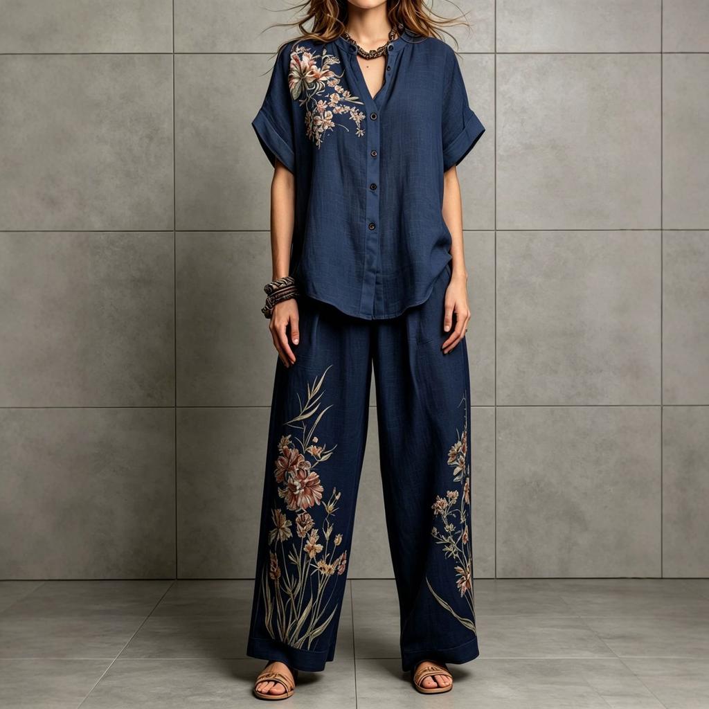Women Floral Print Two Piece Outfit Short Sleeve Button Up Top Wide Leg Pants Casual Loose Fit Loungewear Set