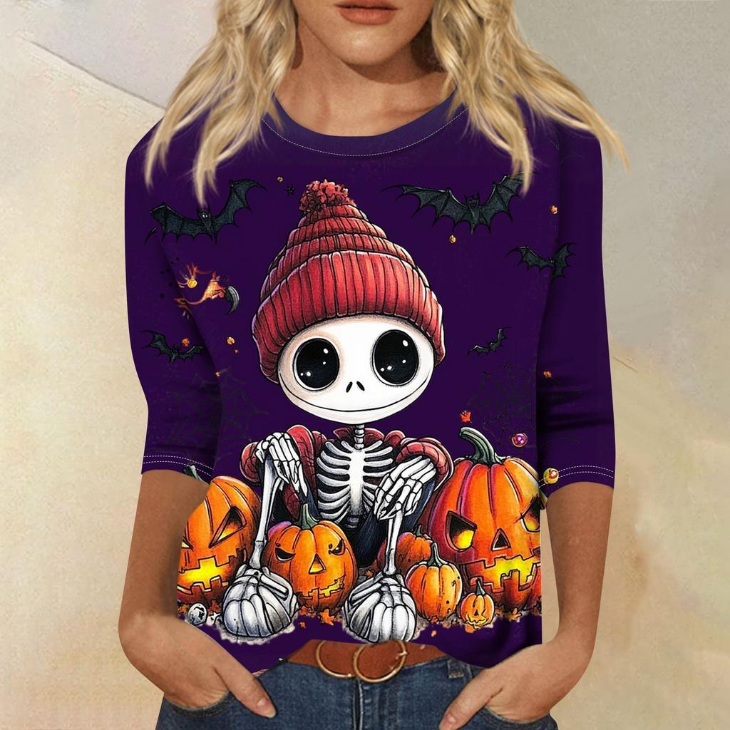 Women's Fashion Casual Three-quarter Sleeve Halloween Printed Round Neck Top