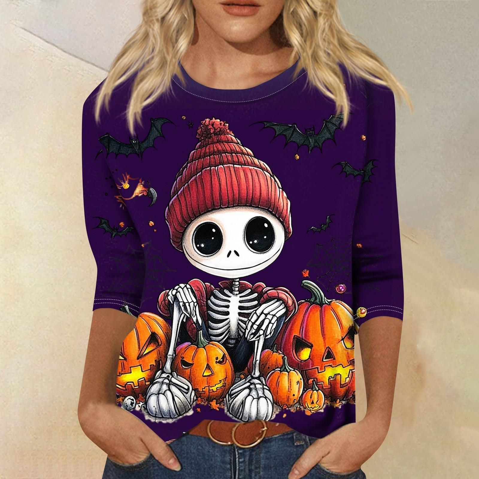 

Женская модная повседневная футболка с рукавом три четверти и принтом на Хэллоуин, с круглым вырезом L