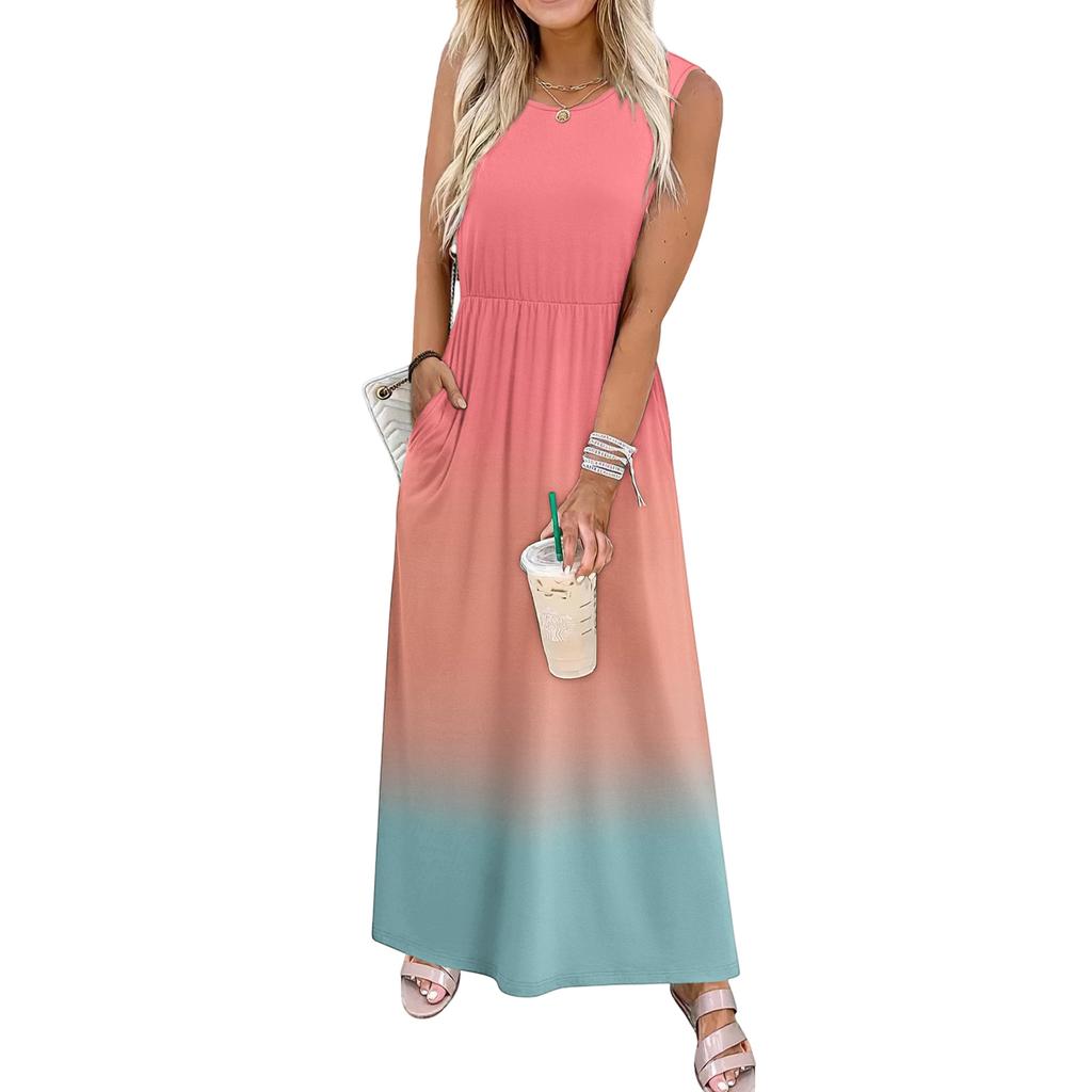 Ladies' Gradient Printed Casual and Fashionable Waist Cinched Sleeveless Dress