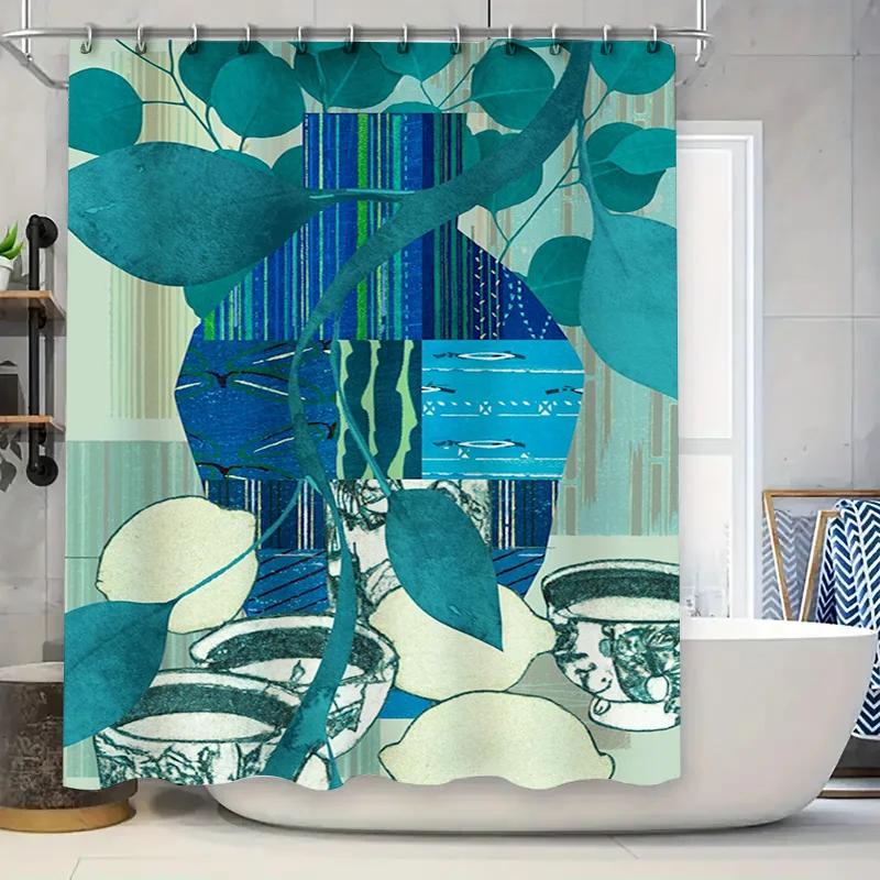

Stylish Blue Green Leaves Bath Curtain Modern Home Decor Shower Panels Artistic Tile Backsplash Wallpaper Design Bathroom Decor W60H190(CM)-1 Pcs