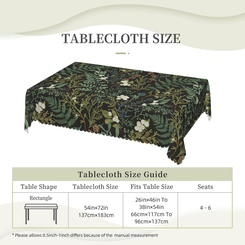 Fresh Spring Botanical Print Tablecloth Elegant Black Sage Green Floral Plant Table Cover for Kitchen Dining Party Decor