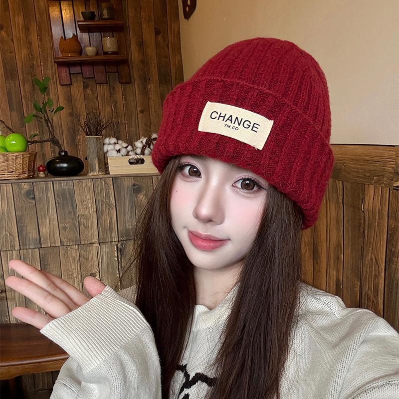 Korean Letter Patch Knitted Woolen Hat Autumn and Winter Warm Curled Edge Woolen Hat Large Head Circumference Loose Knitted Hat