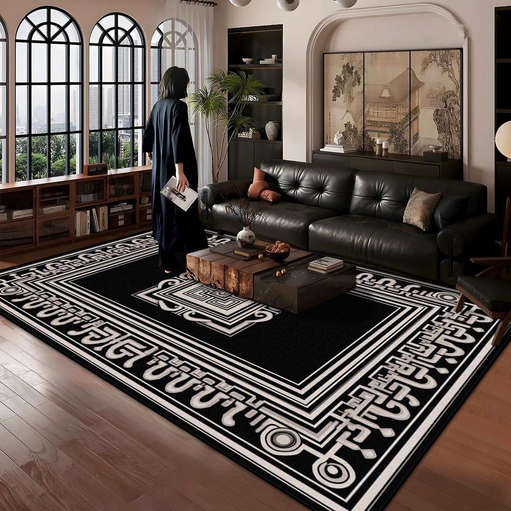 Chinese Style Border Design Carpet Large Area Living Room Antiskid Decoration Rugs Black Bedroom Washable Foot Mat Customizable
