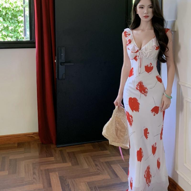 Red Rose Print Collar Chiffon Dress Women's Summer New Design Sense Careful Machine Vacation Long Skirt