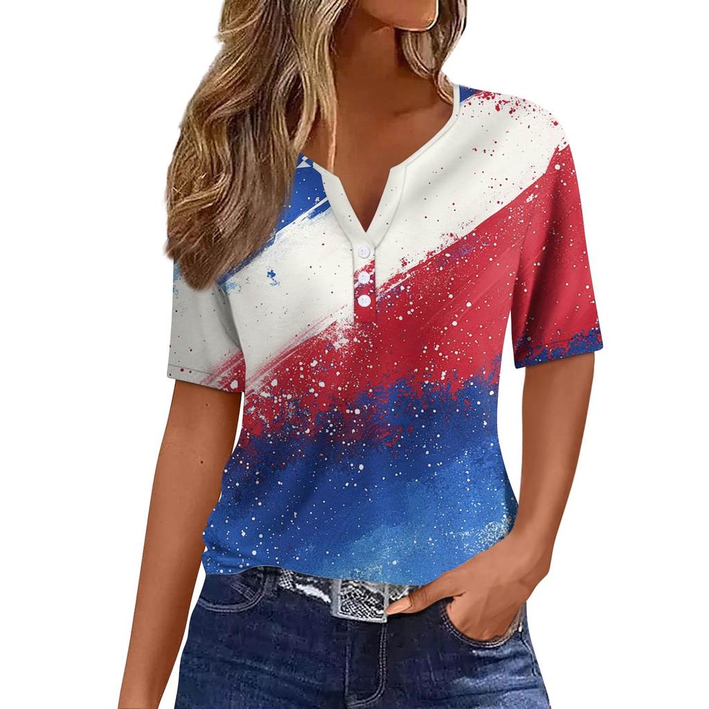 Women's Fashion Casual Independence Day Printed V-Neck Short Sleeve Button Top
